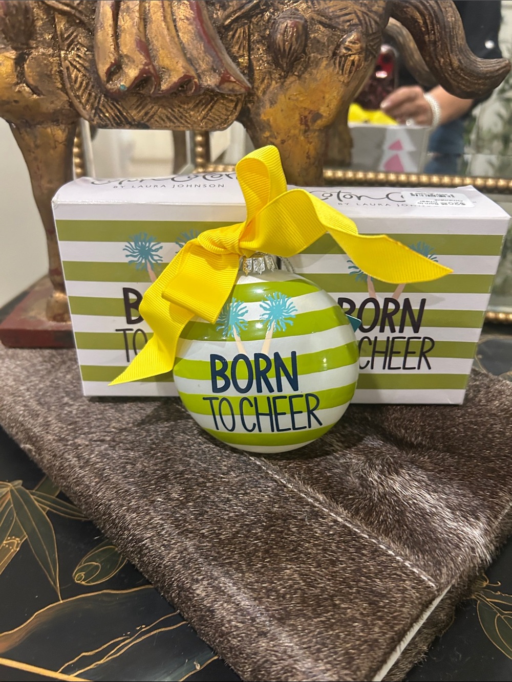 Coton Colors 'Born to Cheer' Green & White Striped Ornament with Yellow Bow